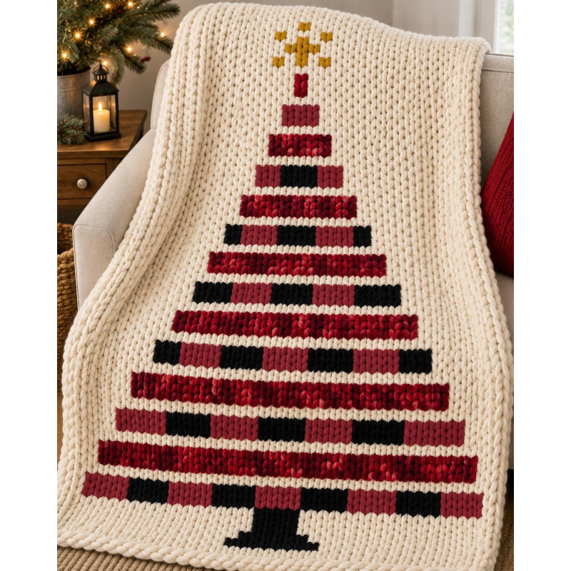 Buffalo Plaid Christmas Tree Chunky Knit Blanket Pattern