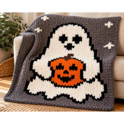 Ghost & Pumpkin Chunky Hand Knit Blanket Pattern | PDF
